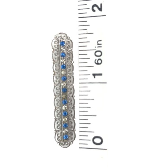 Vintage Sterling Silver Bar Pin With Blue Rhinestones & Filigree Design 1.5 Inch - Picture 4 of 6